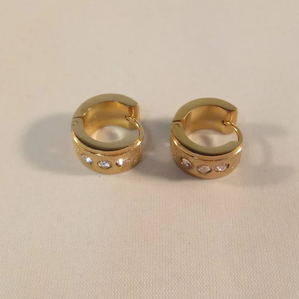 Mens Gold Stainless Steel Diamond Zircon Frosted Sandblast Hoop Earrings 14mm - Picture 3 of 5